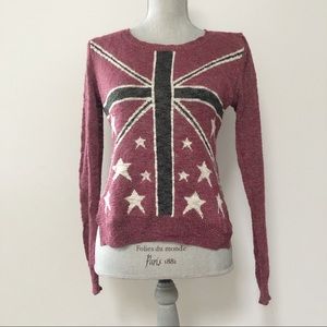 Sweater sheer metallic yarn flag motif longsleeve
